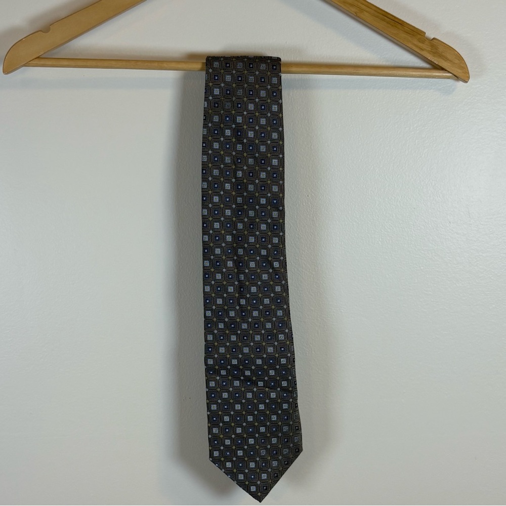 Perry Ellis Portfolio Men’s Light Blue & Gold Silk Tie Square Pattern